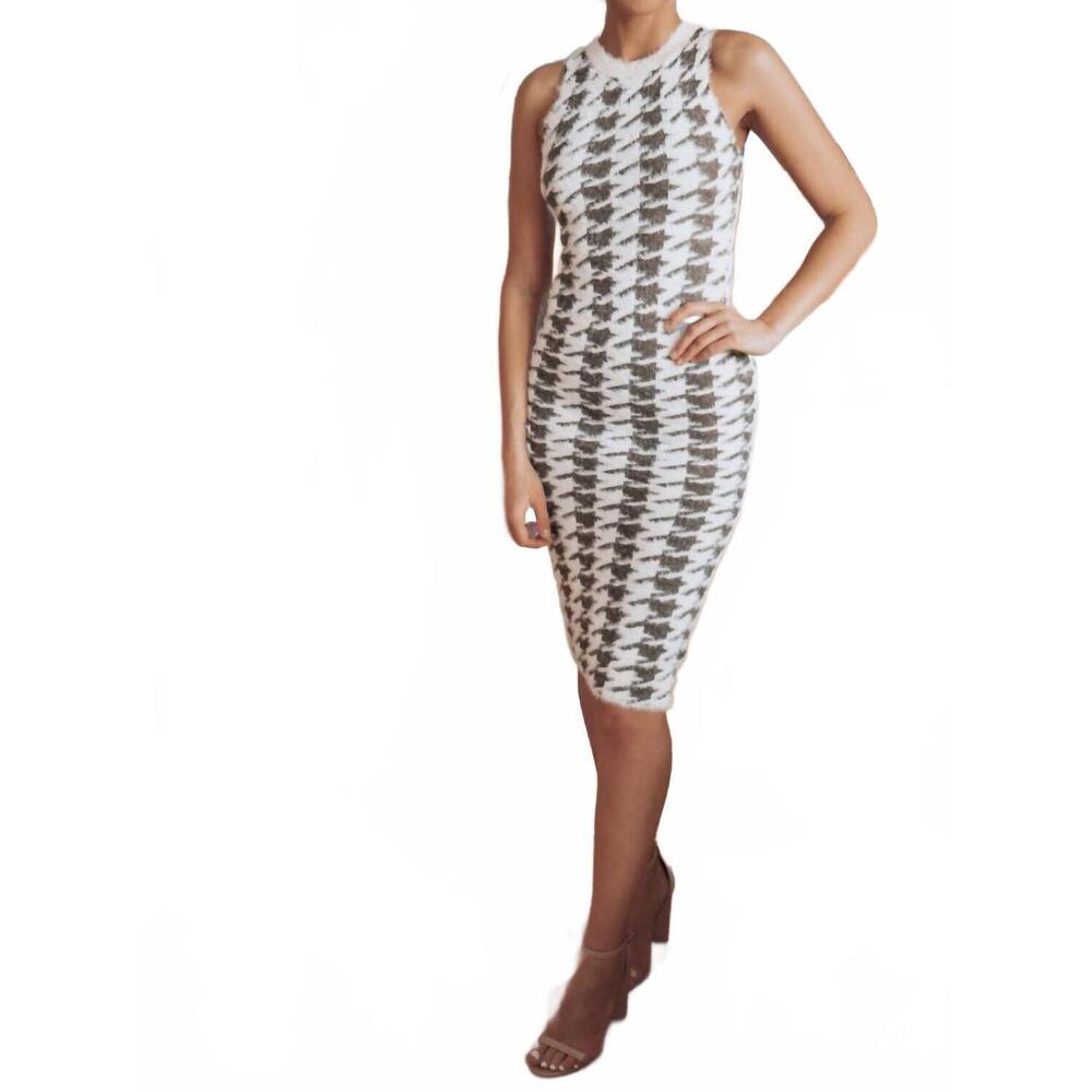NEW ENDLESS BLU. houndstooth print sweater knit dress in brown